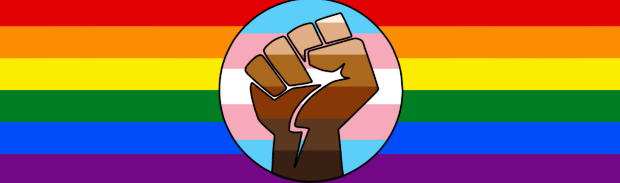 Rainbow flag with a trans pride overlay and a multicultural pride fist.