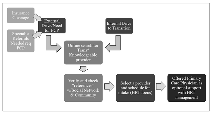 An access model describing ways that transgender patients find trans knowledgeable and inclusive healthcare providers.